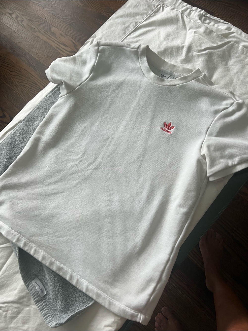 adidas White Tee with Black Trefoil Tag. Only warn a few times, not bright white
